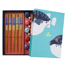 5 Pair Bamboo Chopsticks with Blow Fish Rests Gift Set